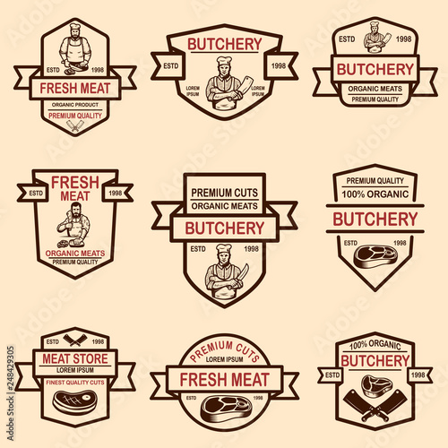 Set of meat store labels. Design element for logo, label, emblem, sign, badge.