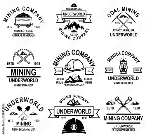 Set of coal mining company emblem templates. Design element for logo, label, emblem, sign, badge.