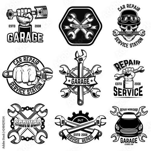 Set of car repair workshop emblems. Design element for logo, label, emblem, sign, poster.