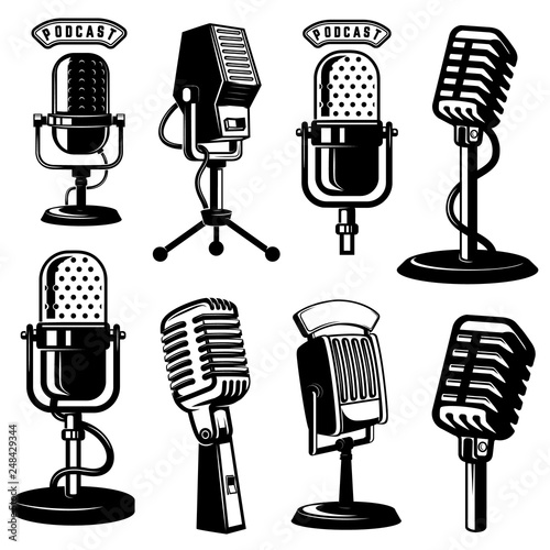 Set of retro style microphone icons isolated on white background. Design element for logo, label, emblem, sign, poster.