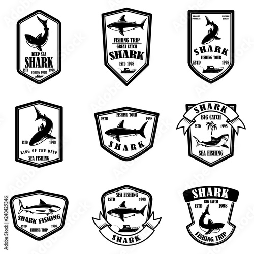 Set of shark fishing emblems. Design element for logo, label, sign, poster, t shirt.