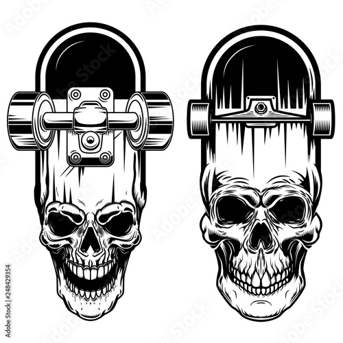 Illustration of skateboard with skull. Design element for logo, label, sign, poster, t shirt.