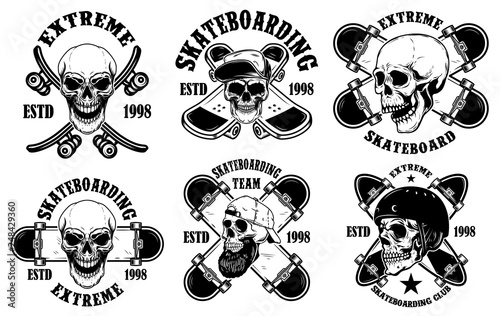 Set of skateboarding club emblems with skulls. Design element for poster, logo, sign, label, t shirt.