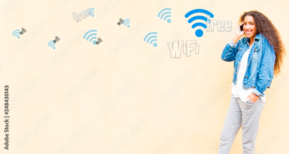 woman with mobile phone and wifi signal woman with mobile phone and wifi signal