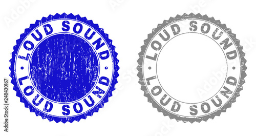 Grunge LOUD SOUND stamp seals isolated on a white background. Rosette seals with grunge texture in blue and grey colors. Vector rubber watermark of LOUD SOUND title inside round rosette.