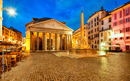 Pantheon in the early morning in Rome, Italy, Europe. Former Roman temple, now church, in Rome. Piazza della Rotonda in Rome. Famous landmarks of Rome and Italy.