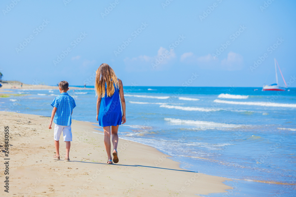 Back view of Adorable kids boy ana girl walking on the beach.