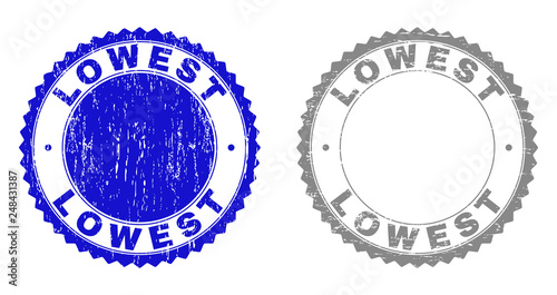 Grunge LOWEST stamp seals isolated on a white background. Rosette seals with grunge texture in blue and grey colors. Vector rubber stamp imprint of LOWEST caption inside round rosette.