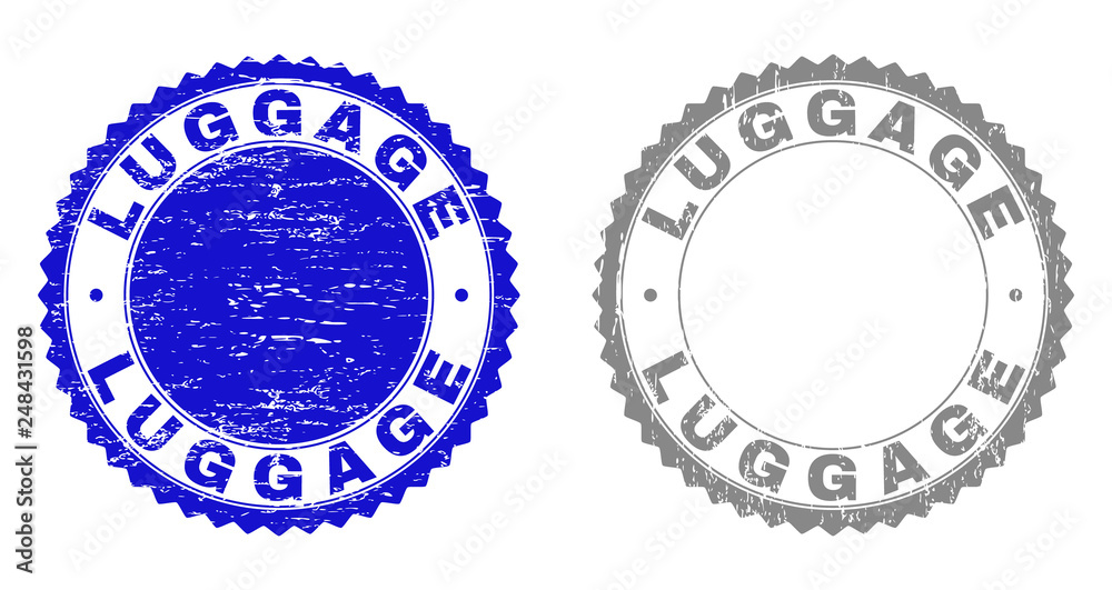 Obraz premium Grunge LUGGAGE stamp seals isolated on a white background. Rosette seals with grunge texture in blue and gray colors. Vector rubber stamp imitation of LUGGAGE caption inside round rosette.