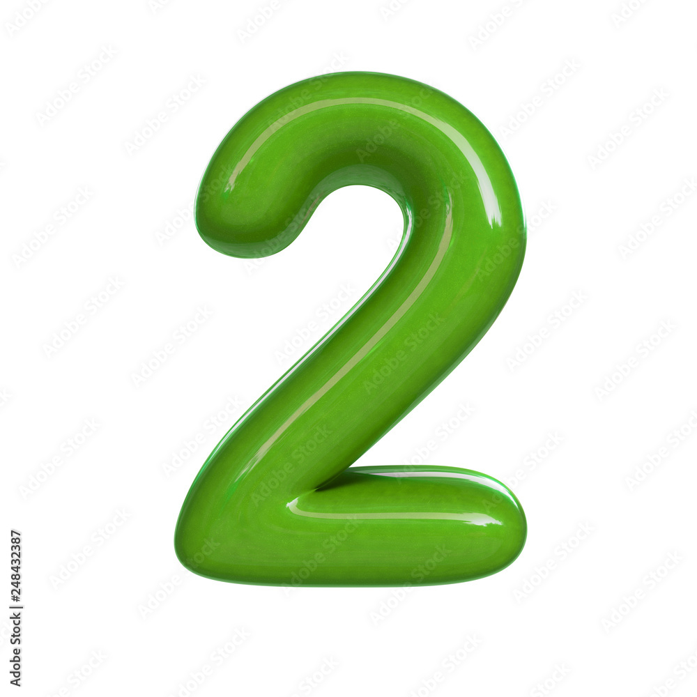 Glossy green number two, 2. 3D render of bubble font isolated on white background Glossy green number two, 2. 3D render of bubble font isolated on white background