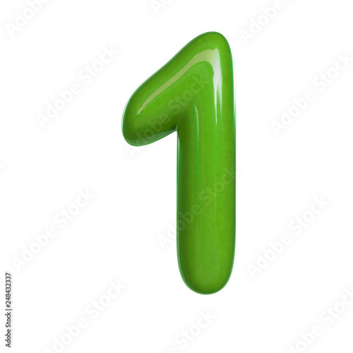 Glossy green number one, 1. 3D render of bubble font isolated on white background