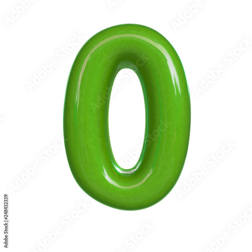 Glossy green number zero, 0. 3D render of bubble font isolated on white background