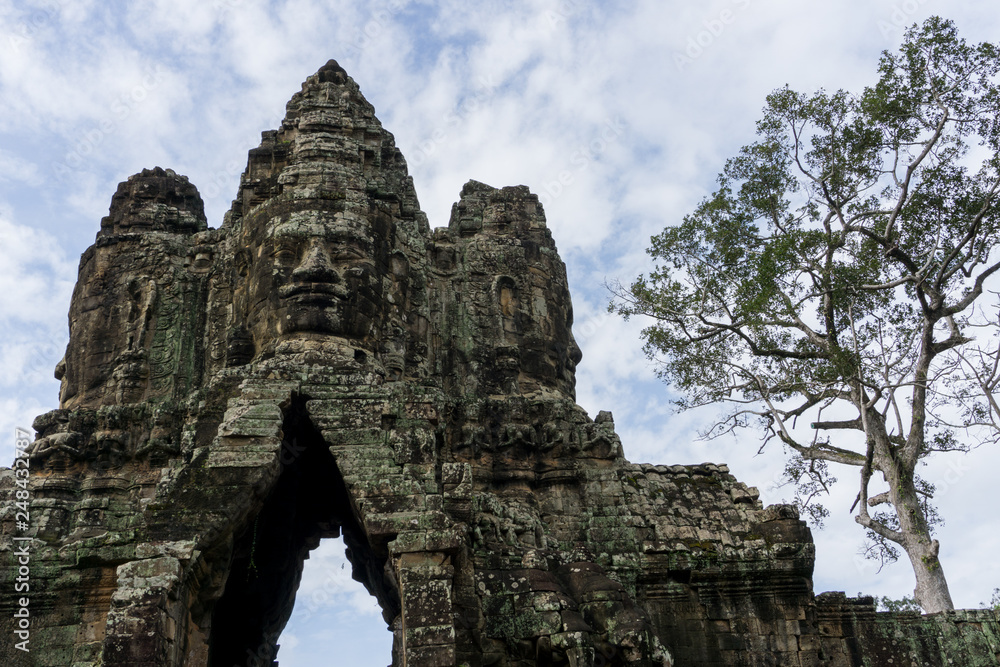 Beautiful ornate south gate of Angkor Thom temple complex