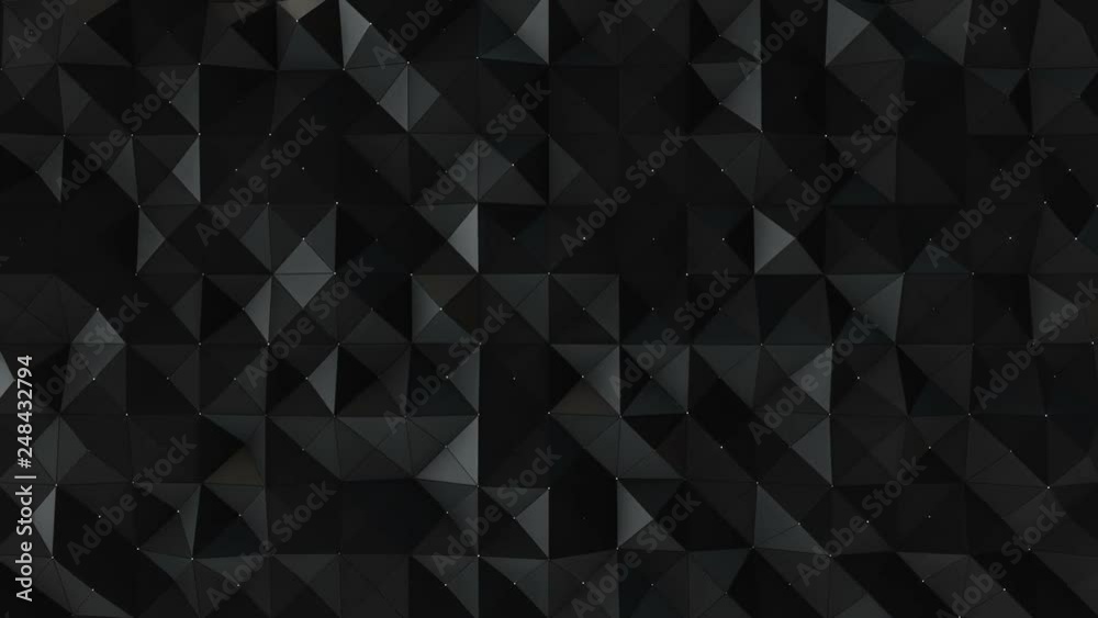 Abstract background with animation moving of dark triangles with glowing dots on their corner as vertex. Technologic backdrop with plastic surface with neon particles. Animation of seamless loop.
