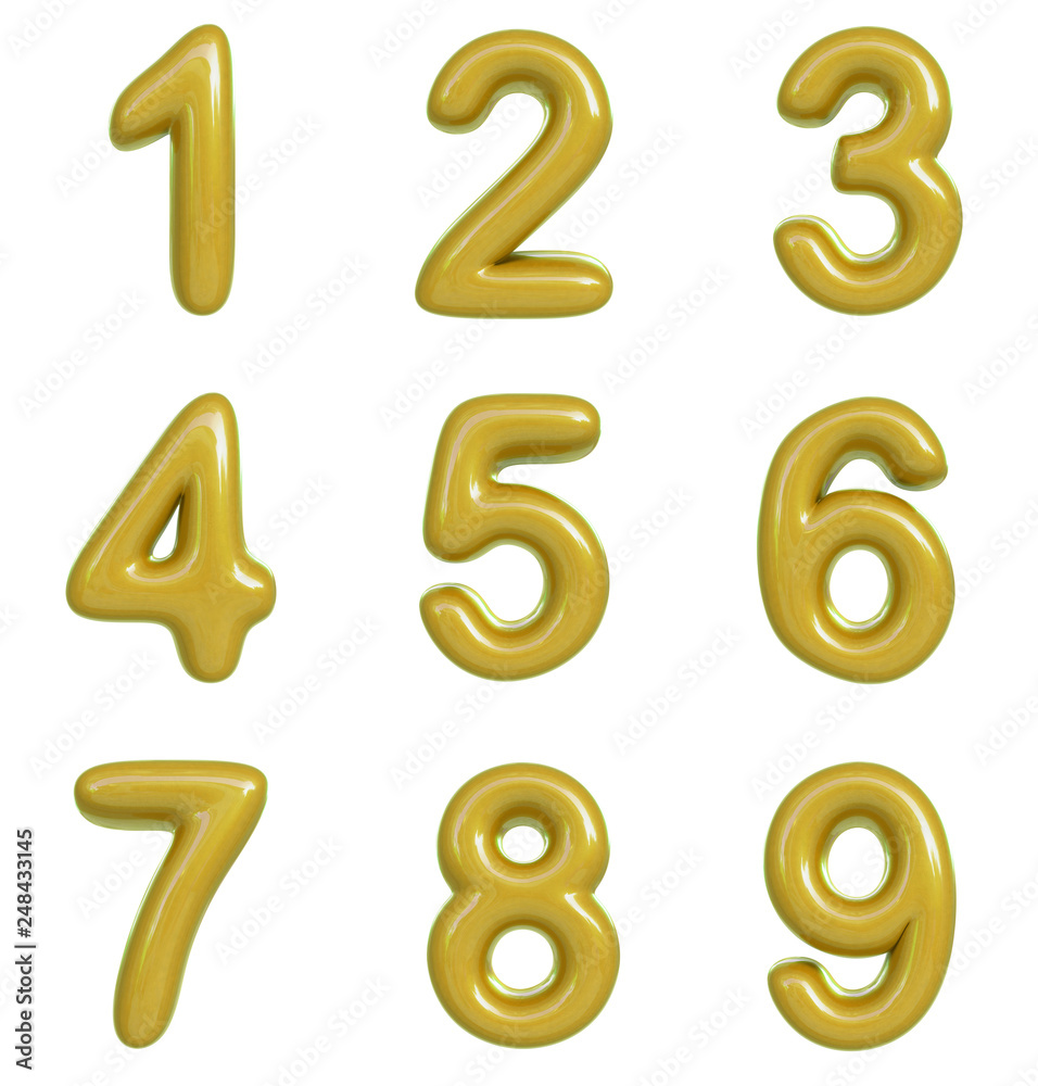 Glossy yellow number. 3D render of bubble font isolated on white background Glossy yellow number. 3D render of bubble font isolated on white background