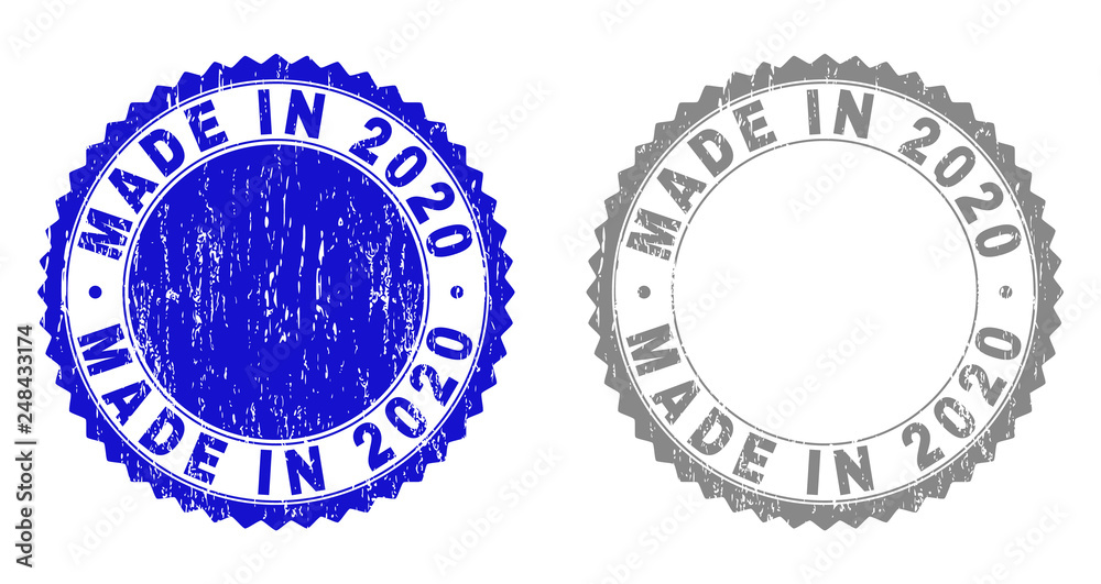 Grunge MADE IN 2020 stamp seals isolated on a white background. Rosette seals with grunge texture in blue and gray colors. Vector rubber stamp imprint of MADE IN 2020 title inside round rosette.