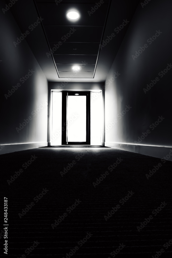 Haunted corridor leading to the light behind the door