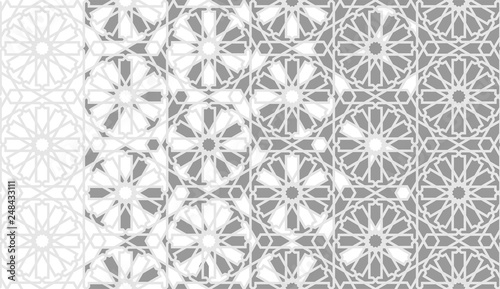 Tile repeating vector border. Geometric halftone pattern with color arabesque disintegration - Vector 