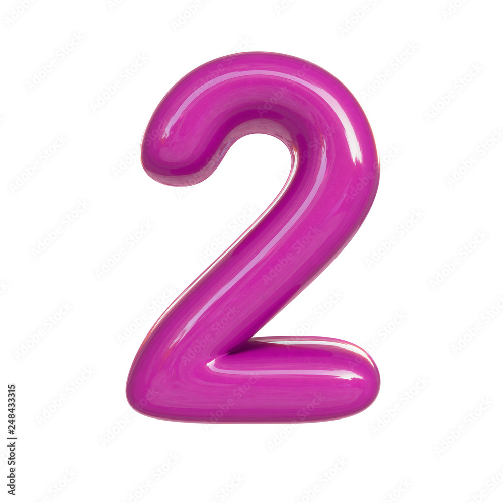 Glossy pink number two, 2. 3D render of bubble font isolated on white background