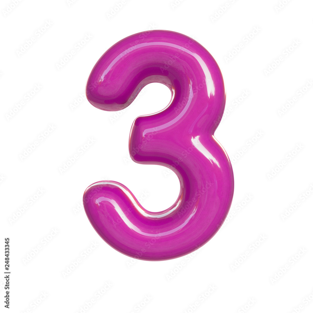 Glossy pink number three, 3. 3D render of bubble font isolated on white background Glossy pink number three, 3. 3D render of bubble font isolated on white background