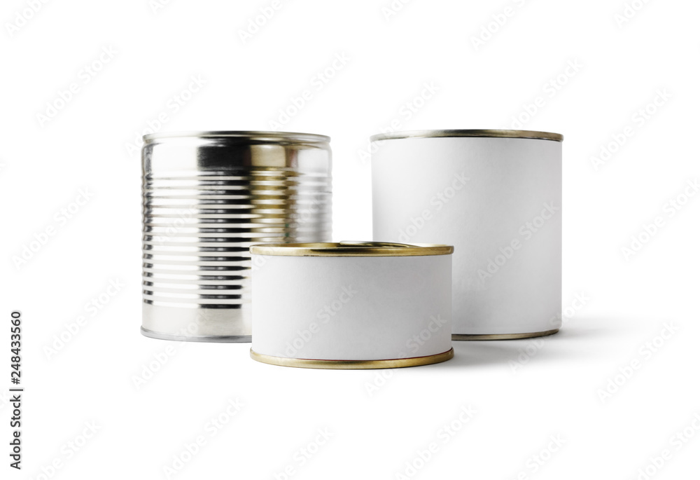 Three blank food tin cans isolated on white background. Responsive design mock up. Clipping path. Three blank food tin cans isolated on white background. Responsive design mock up. Clipping path.