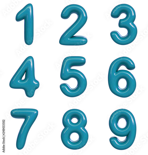 Glossy blue number. 3D render of bubble font isolated on white background