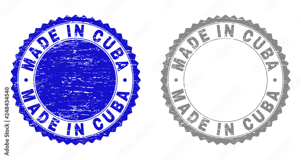 Grunge MADE IN CUBA stamp seals isolated on a white background. Rosette seals with distress texture in blue and gray colors. Vector rubber stamp imitation of MADE IN CUBA text inside round rosette.