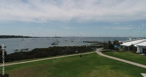 Drone Aerial Of Park Overlooking Waterfront