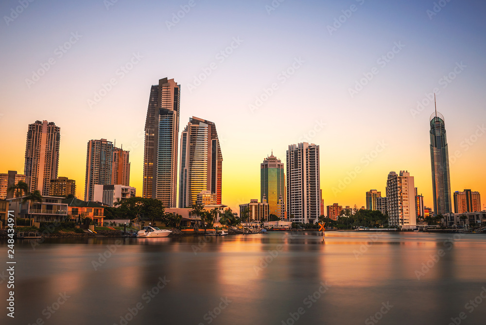 Sunset skyline of Gold Coast downtown in Queensland, Australia