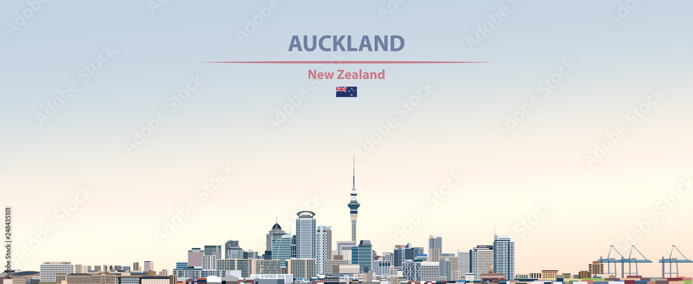 Naklejka premium Ilustracji wektorowych panoramę miasta Auckland na tle kolorowe niebo gradientu piękny dzień z flagą Nowej Zelandii