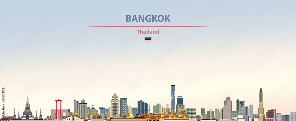 Vector illustration of Bangkok city skyline on colorful gradient beautiful day sky background with flag of  Thailand