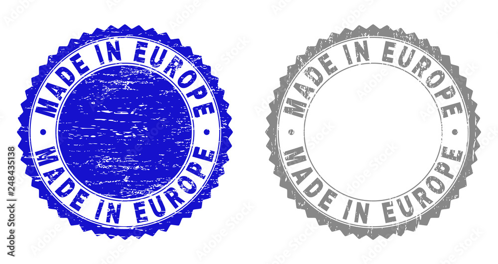 Grunge MADE IN EUROPE stamp seals isolated on a white background. Rosette seals with grunge texture in blue and grey colors. Vector rubber watermark of MADE IN EUROPE text inside round rosette.