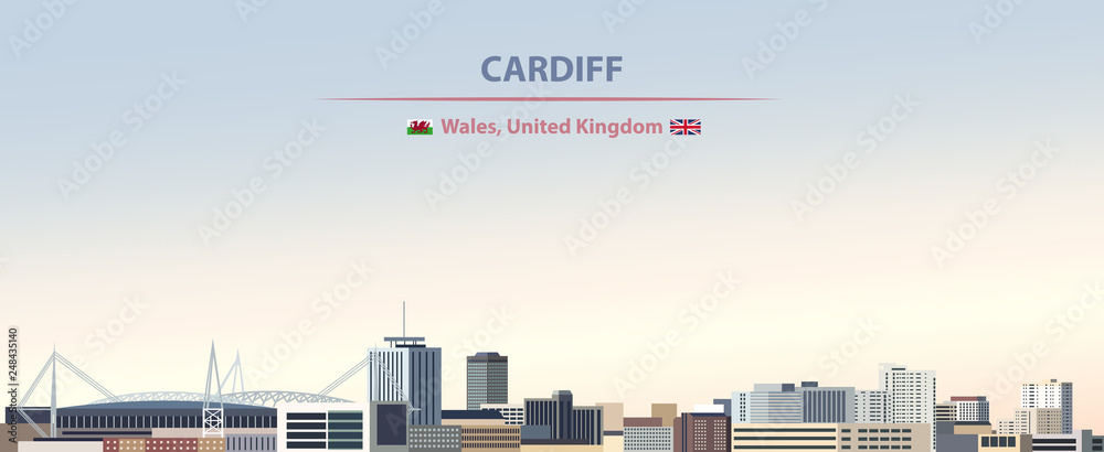 Naklejka premium Ilustracji wektorowych panoramę miasta Cardiff na tle kolorowe gradientu piękny dzień nieba z flagami Walii i Wielkiej Brytanii