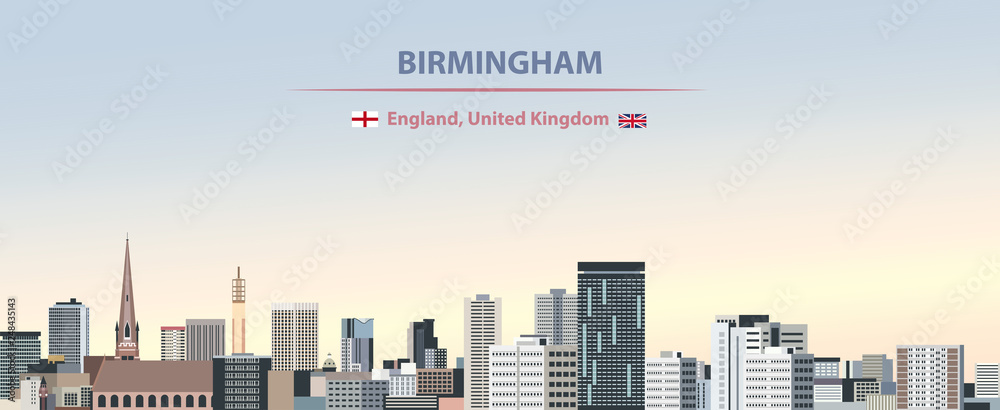 Birmingham city skyline vector illustration on colorful gradient beautiful day sky background with flags of  England and United Kingdom