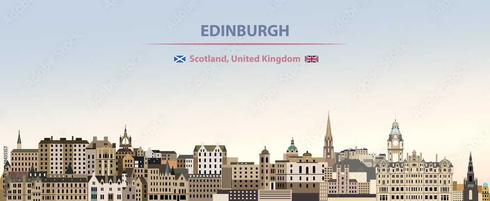 Edinburgh city skyline vector illustration on colorful gradient beautiful day sky background with flags of  Scotland and United Kingdom
