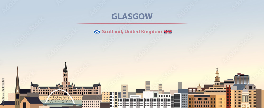 Obraz premium Ilustracja wektorowa panoramę miasta Glasgow na tle kolorowe gradientu piękny dzień nieba z flagami Szkocji i Wielkiej Brytanii