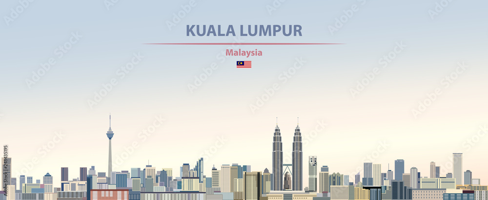 Fototapeta premium Ilustracji wektorowych panoramę miasta Kuala Lumpur na tle kolorowe niebo gradientu piękny dzień z Flaga Malezji