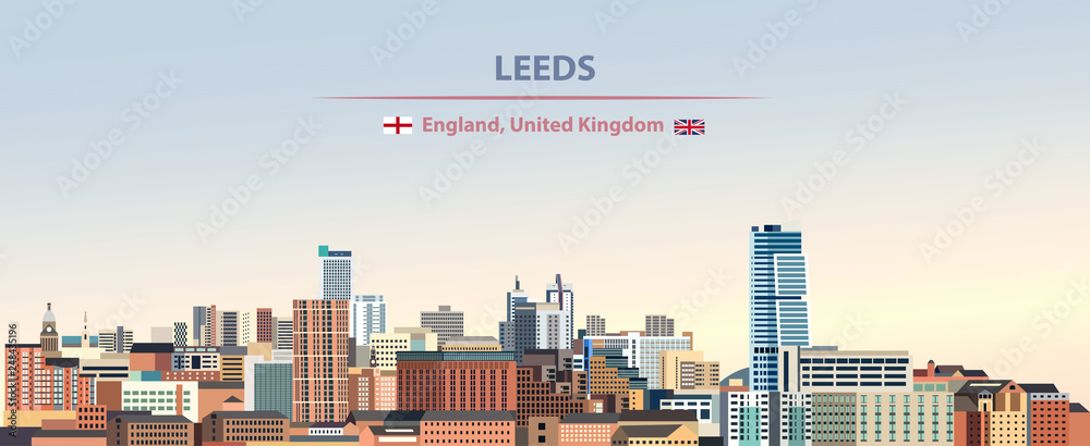 Fototapeta premium Leeds city skyline vector illustration on colorful gradient beautiful day sky background with flags of England and United Kingdom