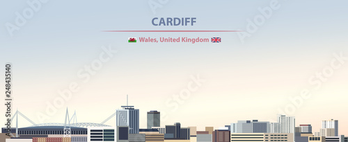 Cardiff city skyline vector illustration on colorful gradient beautiful day sky background with flags of  Wales and United kingdom