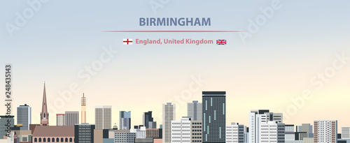 Birmingham city skyline vector illustration on colorful gradient beautiful day sky background with flags of  England and United Kingdom
