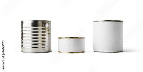 Three blank tin cans isolated on white background. Ready for your design. Clipping path.