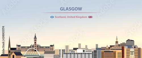 Glasgow city skyline vector illustration on colorful gradient beautiful day sky background with flags of scotland and United Kingdom