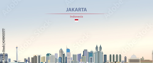 Jakarta city skyline vector illustration on colorful gradient beautiful day sky background with flag of  Indonesia photo
