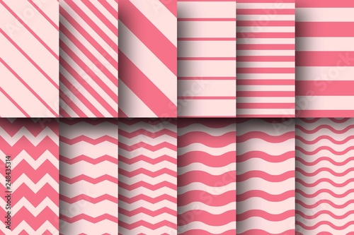 Set of seamless vector patterns of horizontal and diagonal stripes, chevron and wave lines. Design for wallpaper, fabric, textile, wrapping. Simple background