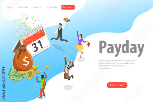 Flat isometric vector landing page template of salary, payout, bonus, income, annual payment day.