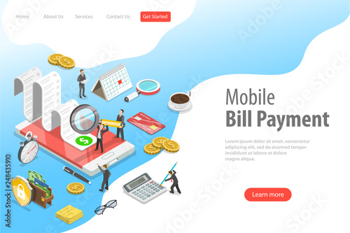 Flat isometric vector landing page template of online bill payment, shopping, banking, accounting.