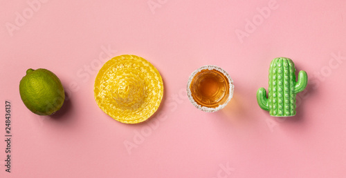 Sombrero, lime, tequila and cactus on pink background.