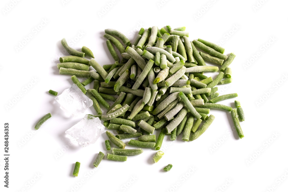 Pods of green frozen beans with ice isolated on white background Pods of green frozen beans with ice isolated on white background