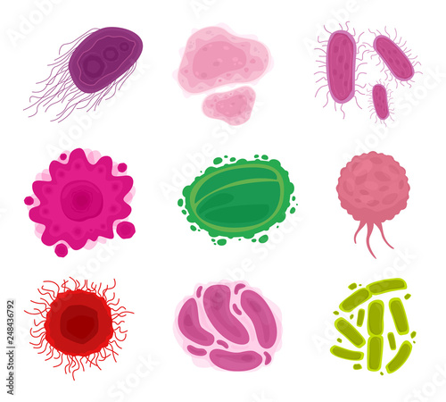 Bacteria and virus cells isolated on white background. Microorganisms, pandemic viruses, fungi. Vector illustration. Flat style.