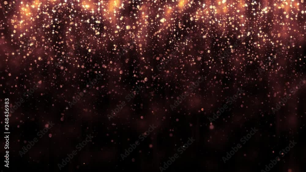 Background with golden glitter falling particles. Beautiful holiday background template for premium design. Falling gold particle with magic light. Seamless loop